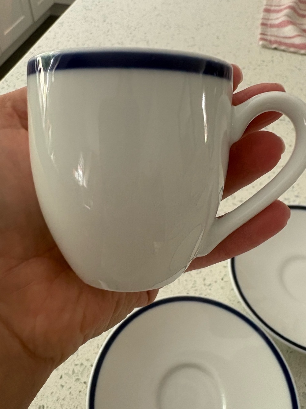 Vintage Williams Sonoma Brasserie Blue Band Demitasse 4 Espresso Cups & Saucers - Picture 8 of 11